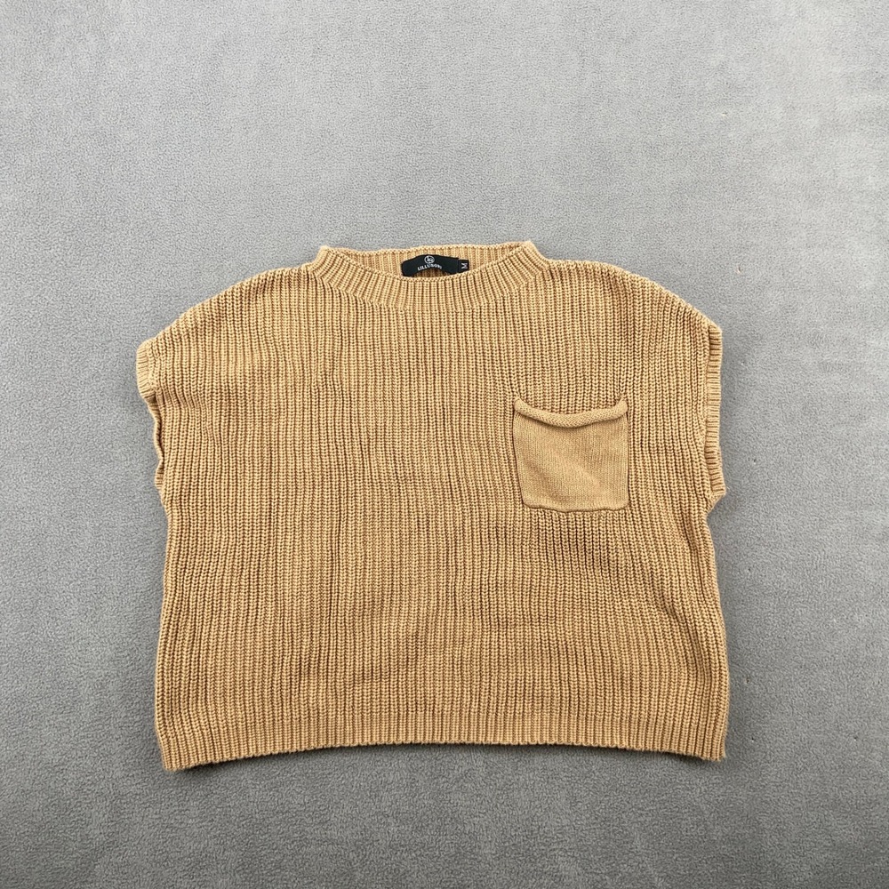 LILLUSORY Womens Shaker Knit Sweater Vest Tan Camel Boxy Pocket Crew Neck Medium